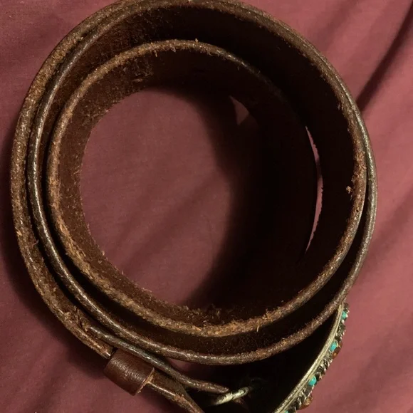 Brown Genuine Leather Belt with Multicolor Gemstone Buckle